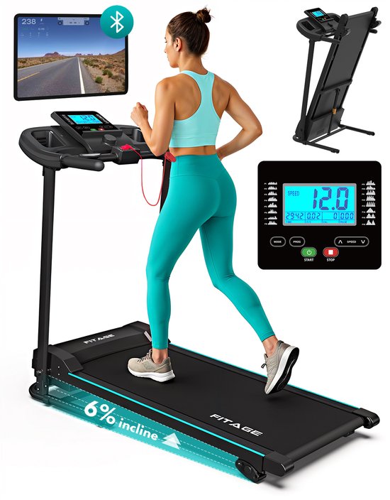 FITAGE Loopband - Wandelband met Bluetooth - Walking Pad - 12km/u met 3 Incline Levels - Treadmill - Loopbanden Elektrisch