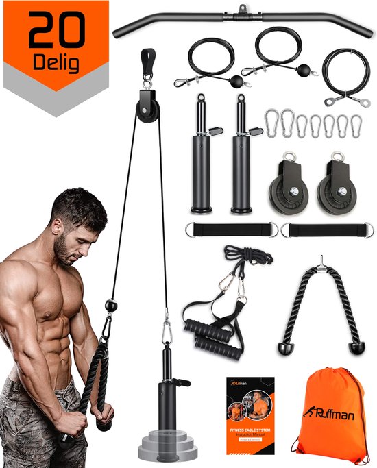 Fitness kabelsysteem XXL– Thuis sporten met diverse handgrepen– katrol - triceps touw – krachttraining - lat pulley - krachtstation
